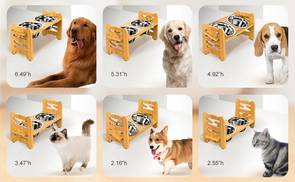 Elevated Stainless Dog Bowls with Bamboo Stand Tilted Adjustable Raised Puppy Cat Food Water Bowls Holder Pet Feeder Accessories - Delicate Leather