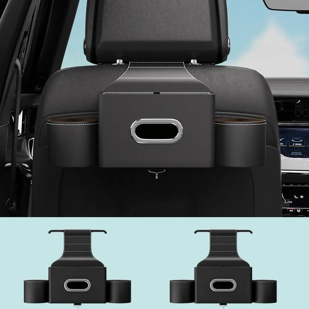 Car Seat Back Tissue Box with 2 Cup Holders and Auto Headrest Hook - 3-in-1 Car Backseat Storage Box Organizer - Delicate Leather