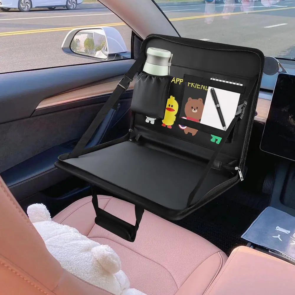 Folding Car Steering Wheel Tray - Multifunctional Seat Back Table and Hanging Storage Bag Organizer for Car Interior - Delicate Leather