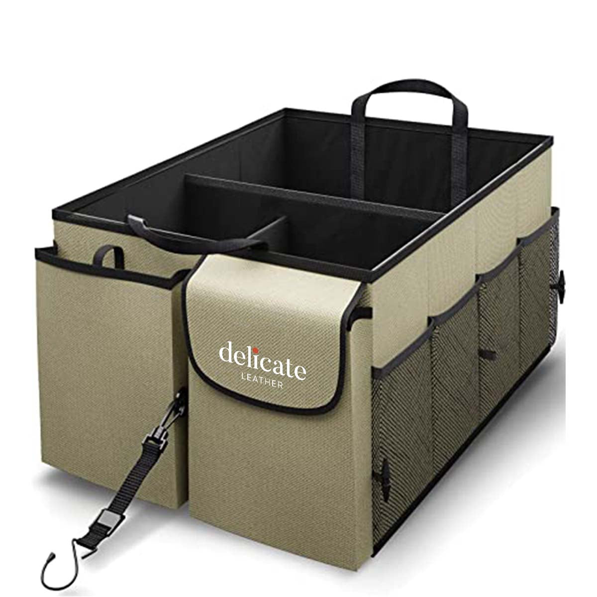 Delicate Leather Car Trunk Organizer - Collapsible, Custom fit for All Cars, Multi-Compartment Automotive SUV Car Organizer for Storage w/ Adjustable Straps - Car Accessories for Women and Men WQ12993