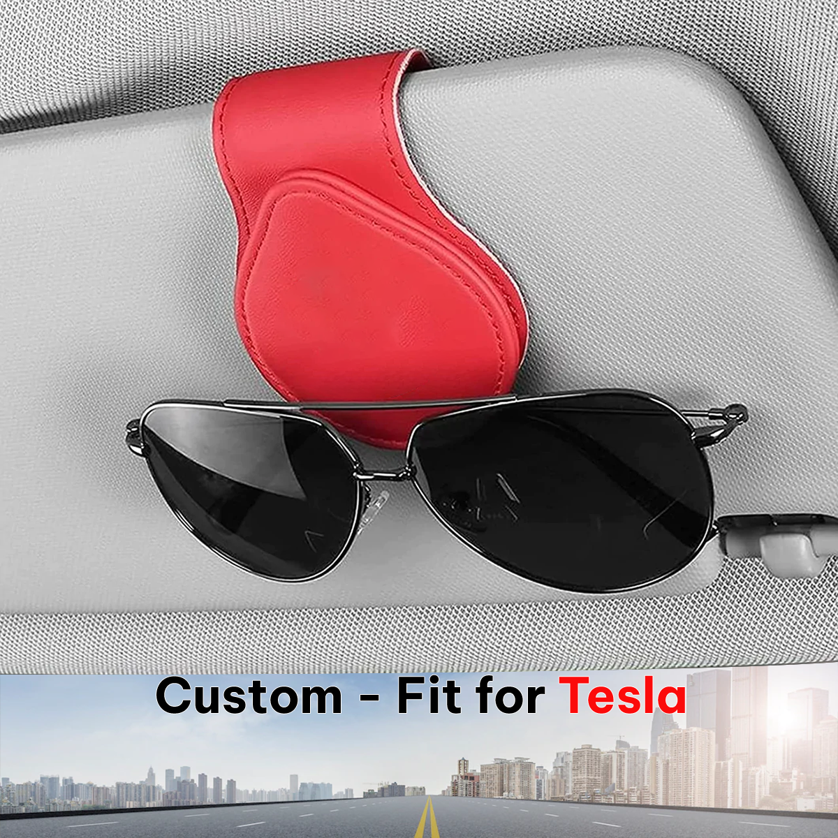 Car Sunglasses Holder, Custom-Fit For Tesla, Magnetic Leather Glasses Frame 2024 Update DLTY230 - Delicate Leather