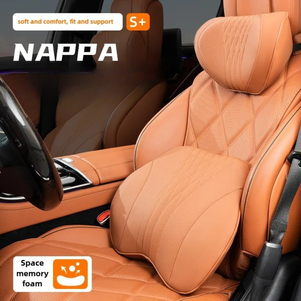 Nappa Leather Car Neck Pillow and Seat Pillow - Soft Headrest Lumbar Support for Comfortable Driving - Auto Accessories - Delicate Leather