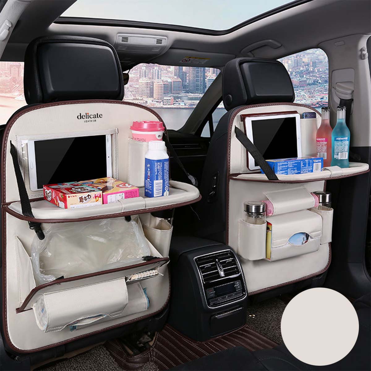 Backseat Organizer With Tablet Holder PU Leather, Custom Fit For Your Cars, Backseat Car Organizer, Car Seat Back Protectors Kick With Foldable Table Tray Car Seat Organizer, Car Accessories CA15987 - Delicate Leather