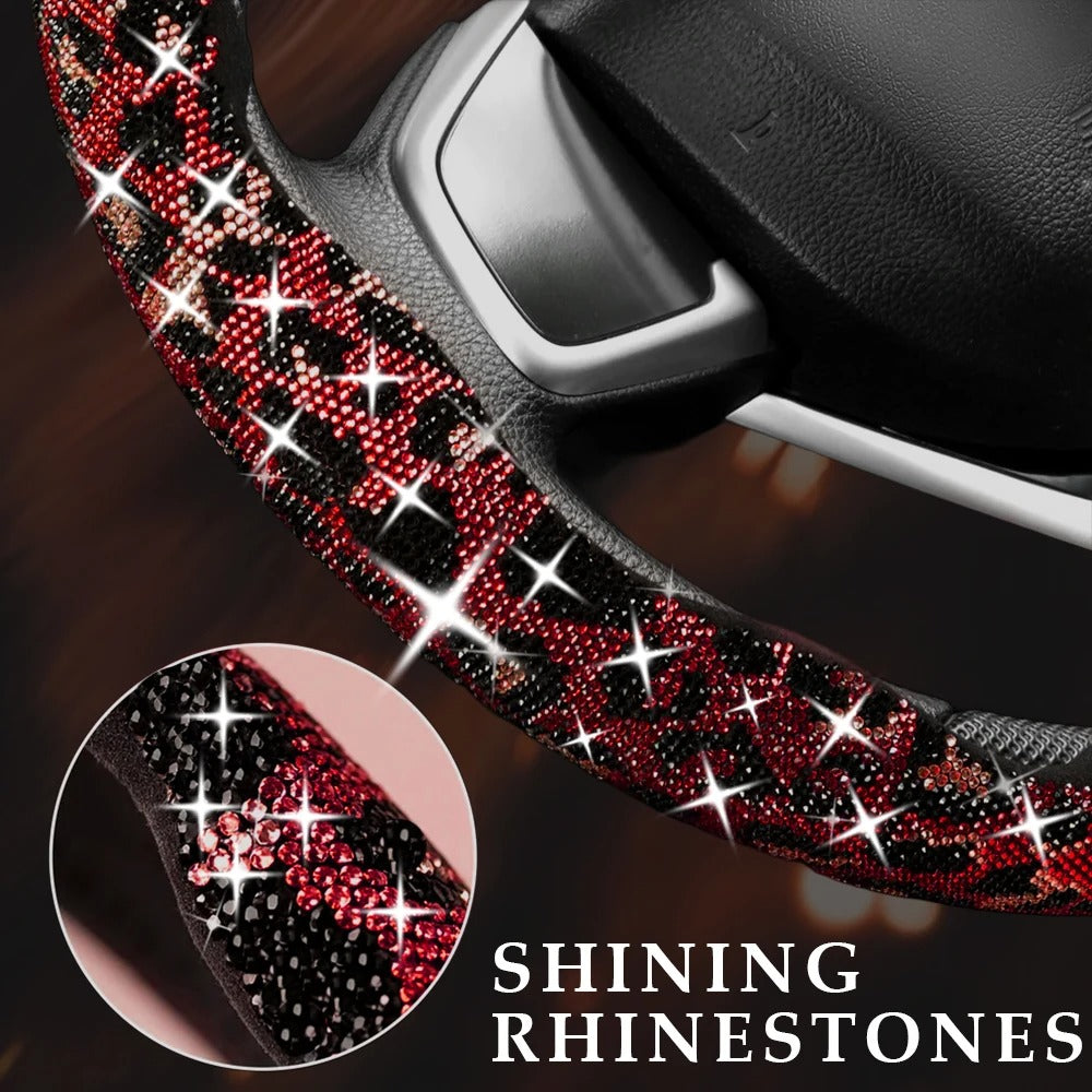 Leopard Print Diamond Steering Wheel Cover – Luxury Sparkling Universal Interior Accessory - Delicate Leather