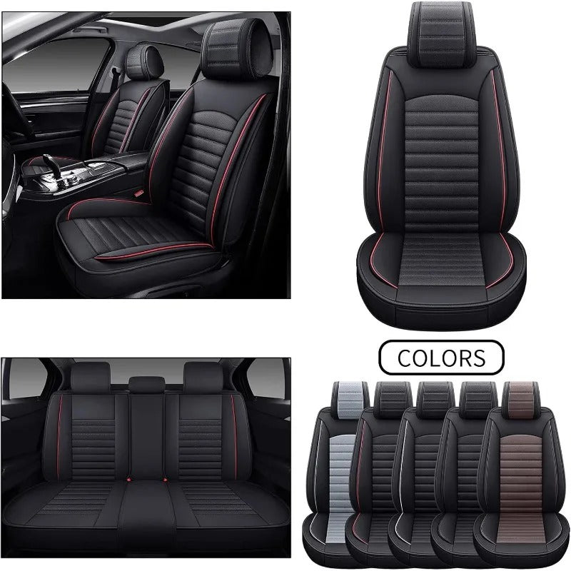 Waterproof Leather Car Seat Covers, Full Set Cushion Protectors for 5-Seat Vehicles (Black Red)