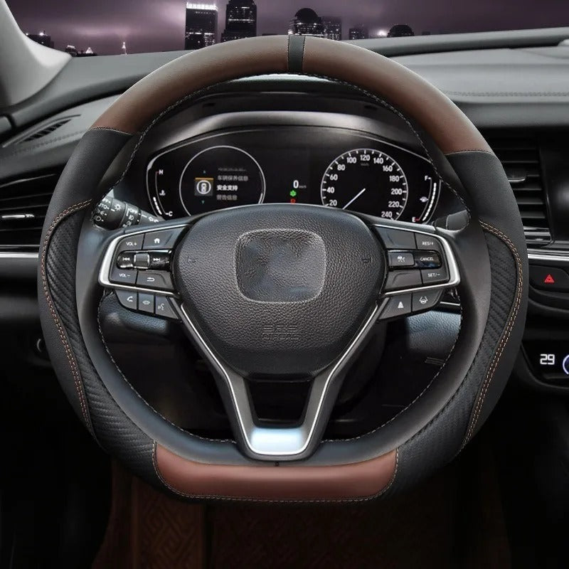 Microfiber Leather & Carbon Fiber Steering Wheel Cover – Universal O/D Shape Anti-Slip Grip - Delicate Leather