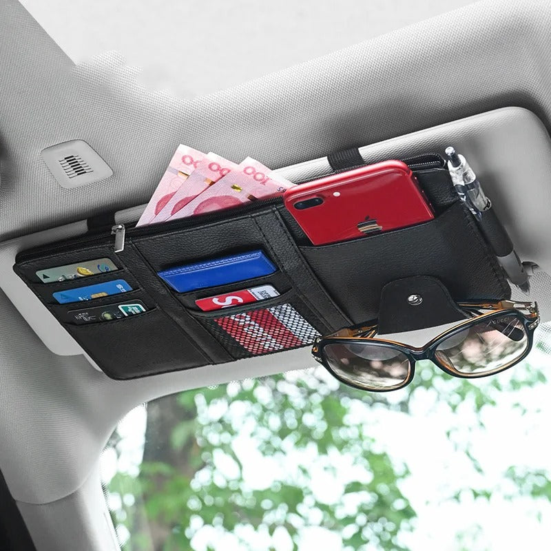 Car Sun Visor Organizer - Multi-pocket Zipper Auto Truck SUV Storage Pouch - Delicate Leather