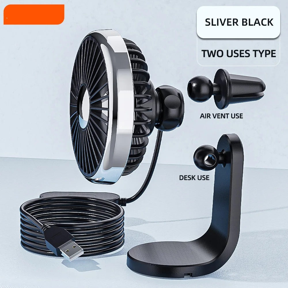 12–24V Mini Car Air Outlet Fan with LED Lighting – USB Powered, 360° Rotating, 3-Speed Cooling Fan for Car, Office & Home Use - Delicate Leather