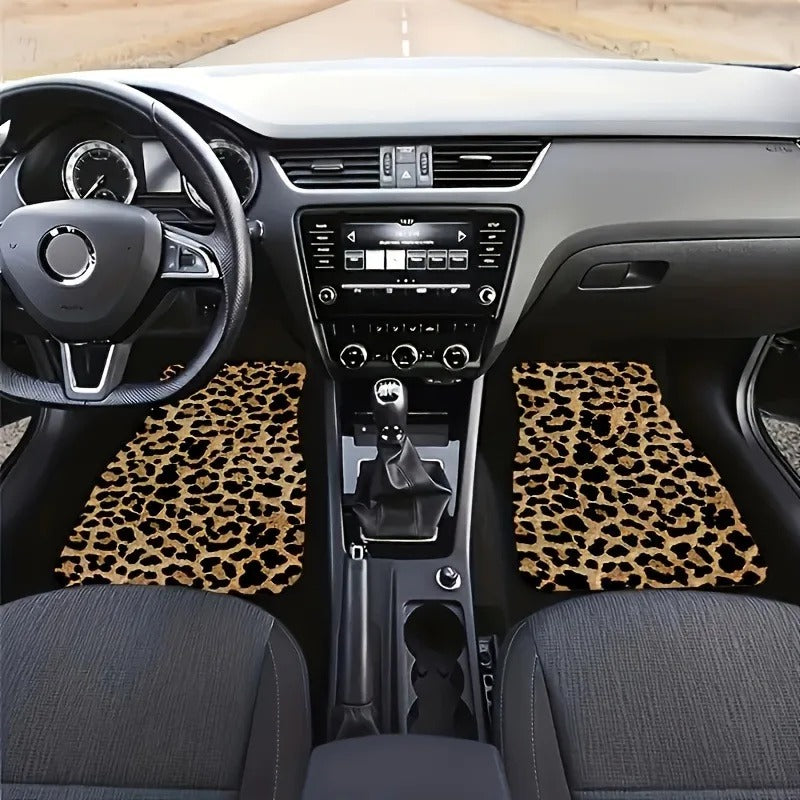 Universal Leopard Print Car Floor Mats 4-Piece Set – Non-Slip, Absorbent, Washable Polyester Fiber Mats for Cars & SUVs - Delicate Leather