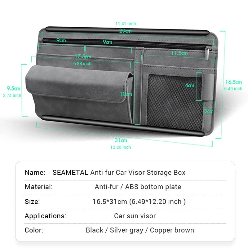 Car Sun Visor Organizer - Textured Suede 2-Layer Storage Bag - Sunglasses Case, Card Holder, Auto Zipper Storage Pocket - Delicate Leather
