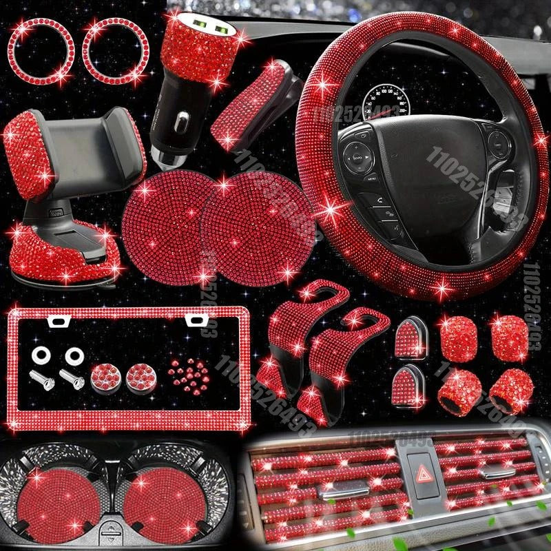 27-Piece Women’s Bling Car Accessories Set – Universal Fit with Steering Wheel Cover, License Plate Frame, Gift For Mother's Day 2025