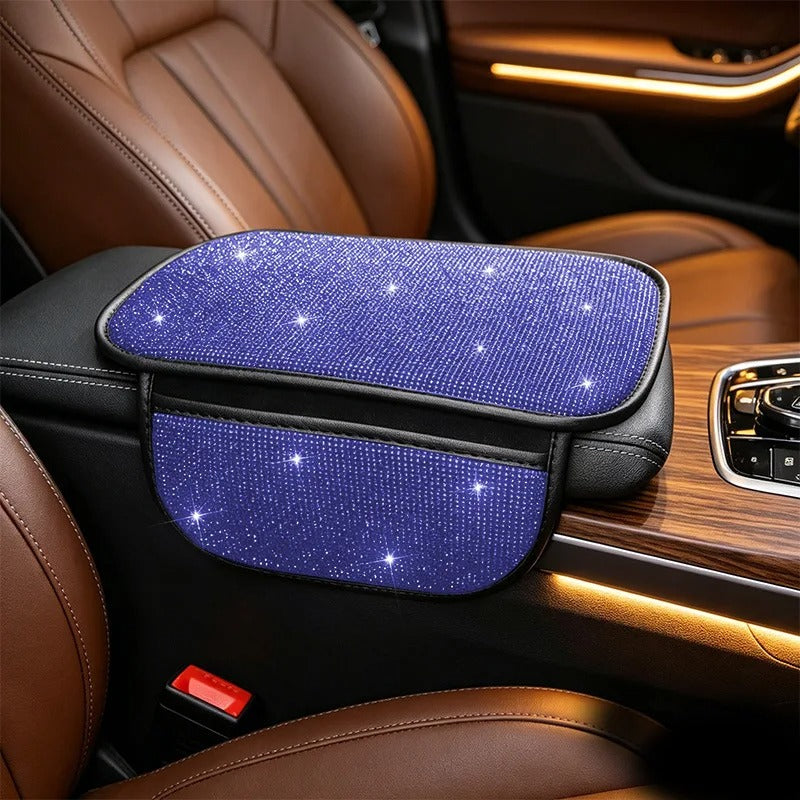 Bling Car Armrest Cushion with Side Phone Pocket – Rhinestone Center Console Cover Pad Universal Auto Interior Accessory - Delicate Leather