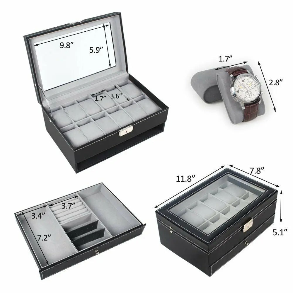 US 24/12 Slot Watch Box Leather Display Case, Top Glass Storage Watch Case, Jewelry Display Storage