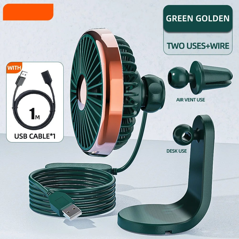 12–24V Mini Car Air Outlet Fan with LED Lighting – USB Powered, 360° Rotating, 3-Speed Cooling Fan for Car, Office & Home Use - Delicate Leather