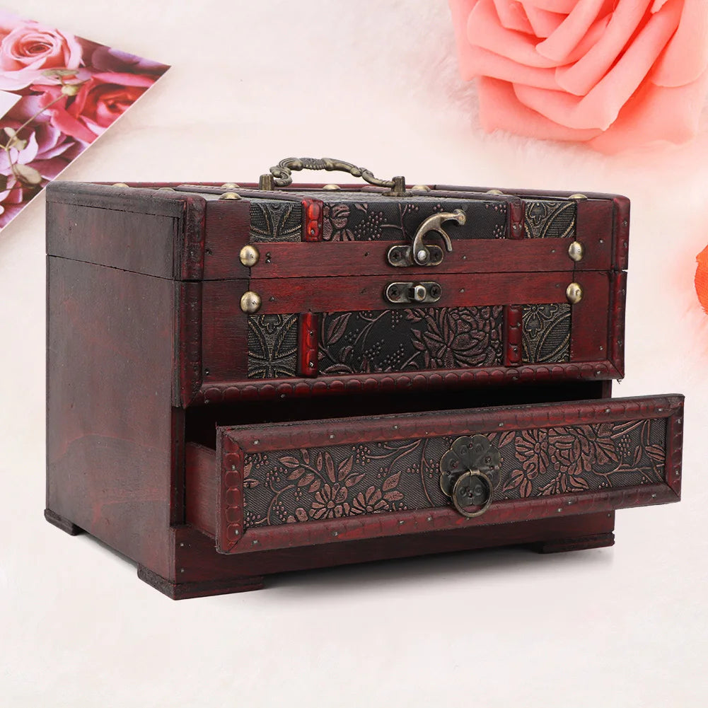 Vintage Wooden Jewelry Box with Mirror – Organizer Case for Necklaces, Earrings & Accessories