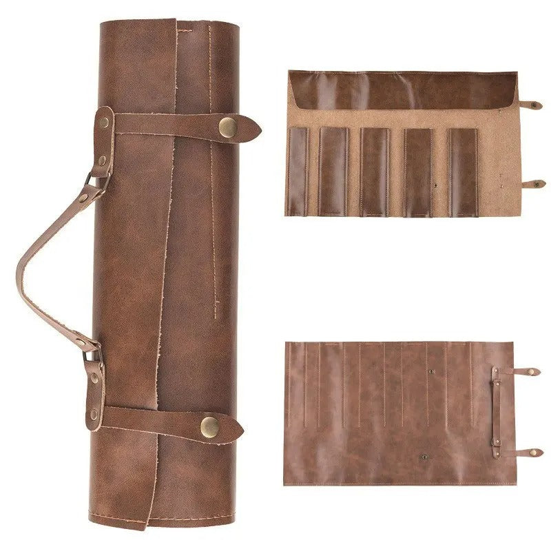 Portable Leather Chef Knife Roll Bag - Two-Layer Cowhide Storage Case for Kitchen and Camping - Delicate Leather