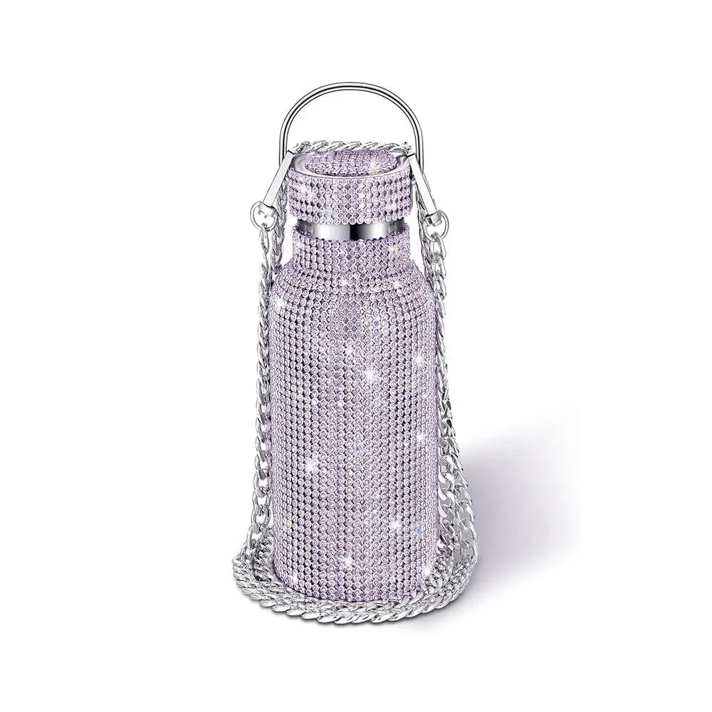 Bling Rhinestone Stainless Steel Water Bottle – Glitter Tumbler with Chain Strap & Thermal Insulation - Delicate Leather