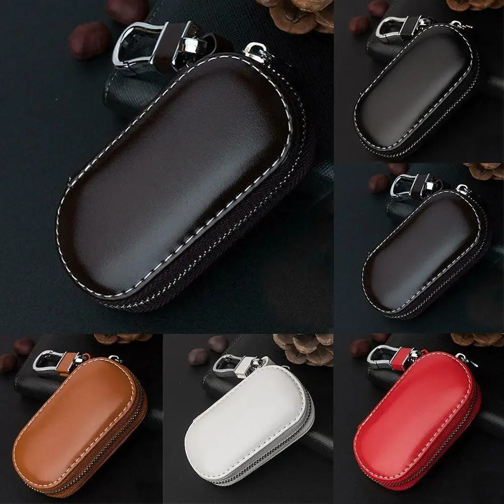 Universal Car Key Case – PU Leather Key Fob Pouch with Zipper and Chain Hook - Delicate Leather