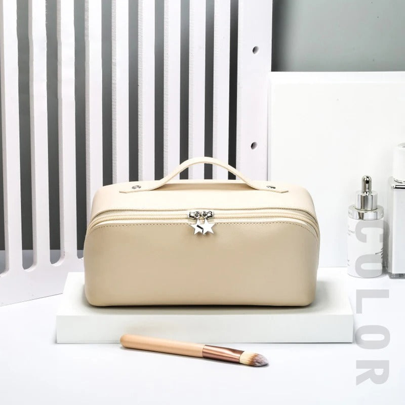 Luxury Lady Makeup Case Storage Pouch, Large Travel Cosmetic Bag for Women, Leather Makeup Organizer, Female Toiletry Kit Bags - Delicate Leather