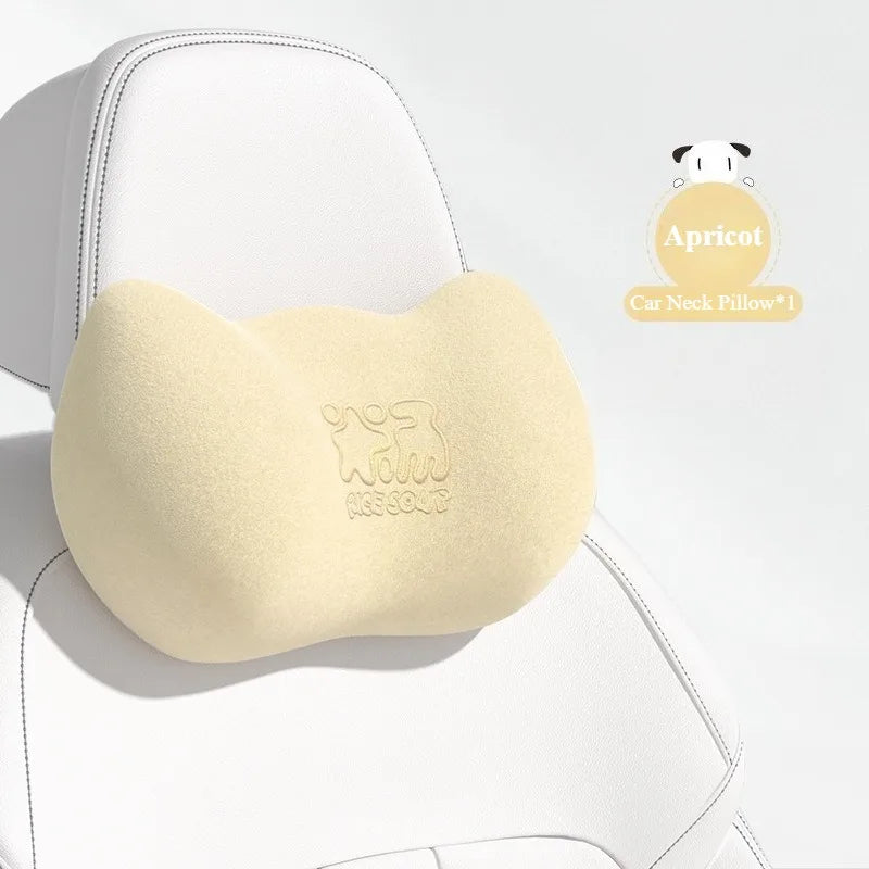 Plush Car Neck Pillow and Waist Pillow Set - Cute Pink Auto Headrest and Lumbar Support - Kawaii Car Seat Pillow for Comfort and Relaxation - Delicate Leather