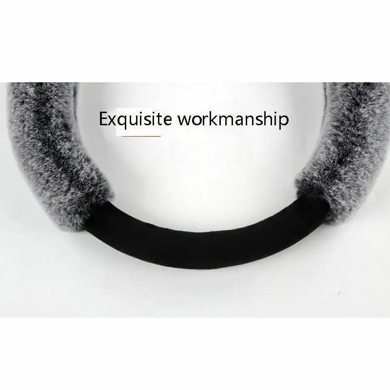 Universal Cute Ear Steering Wheel Cover – Soft Faux Rabbit Fur Plush Car Interior Accessory for Winter, Fits 37–38cm - Delicate Leather