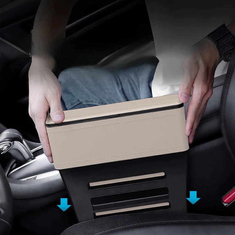 Car Seat Gap Filler Organizer, Custom For All Cars, PU Leather Storage Box - Car Side Gap Seat Organizer and Front Slot Gap Filler with USB Charging Port - Delicate Leather