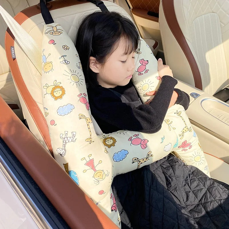 Universal Car Travel Comfort Head Pillow Support for Kids and Adults, H-Shape Neck and Lumbar Cushion, Soft Breathable Fabric, Safety Sleeping Pillow for Auto Seat - Delicate Leather