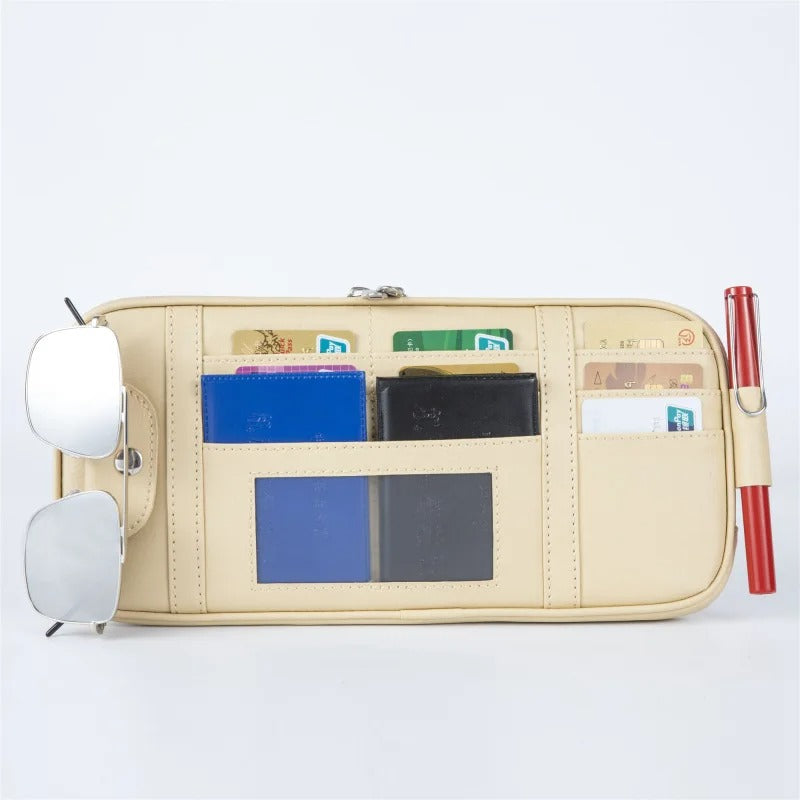 Auto Sun Visor Organizer Storage Box - Multi-Pocket Car Accessories Organizer with Sunglasses Clip - Universal Fit for Cars, Trucks, and SUVs - Delicate Leather