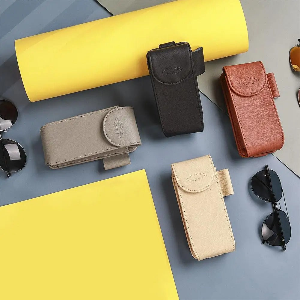 Car Sunglass Holder - PU Leather Sun Visor Glasses Case Organizer - Delicate Leather