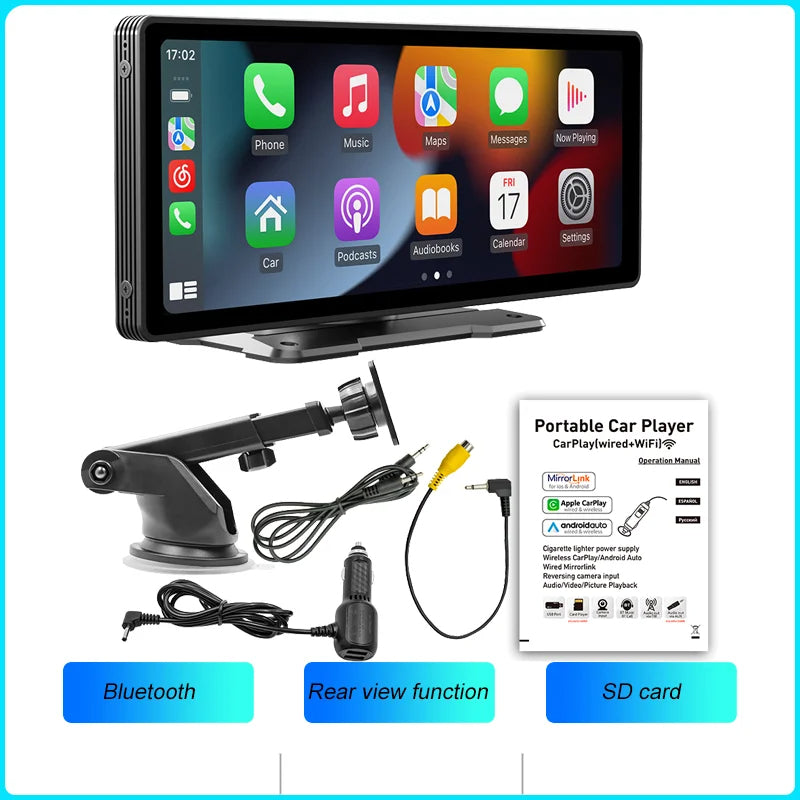 Portable 10.26 Inch Wireless CarPlay Screen – BQCC with HD Rear Reversing Camera, MP5, DVR, Android Auto Support 17 - Delicate Leather