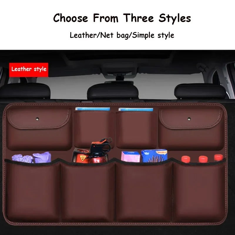 PU Leather Car Rear Seat Back Storage Bag – Foldable Trunk Organizer for Universal Use - Delicate Leather