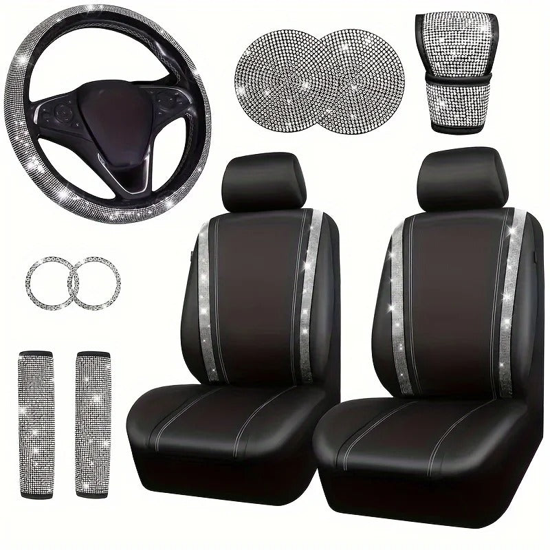 10-Piece Luxury Black Faux Leather Car Accessory Set with Sparkling Rhinestone Detailing, Gift For Mother's Day 2025 - Delicate Leather