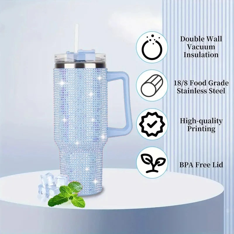 40oz Sparkling Studded Stainless Steel Tumbler – Insulated Water Bottle with Lid & Handle - Delicate Leather
