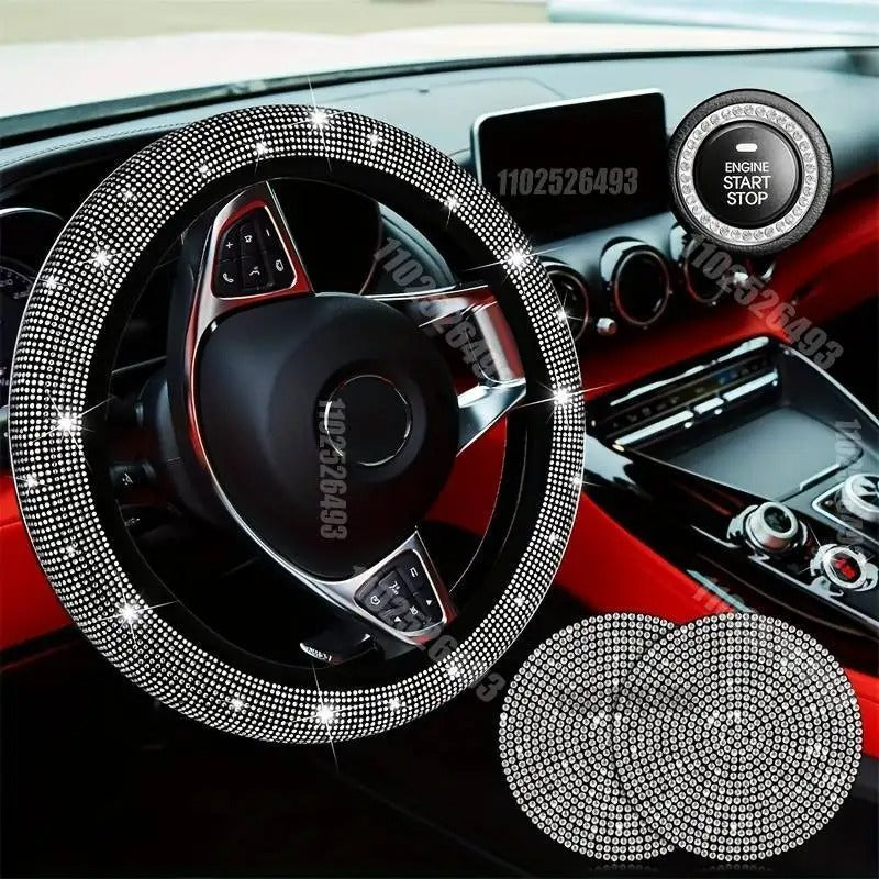 27-Piece Women’s Bling Car Accessories Set – Universal Fit with Steering Wheel Cover, License Plate Frame, Gift For Mother's Day 2025