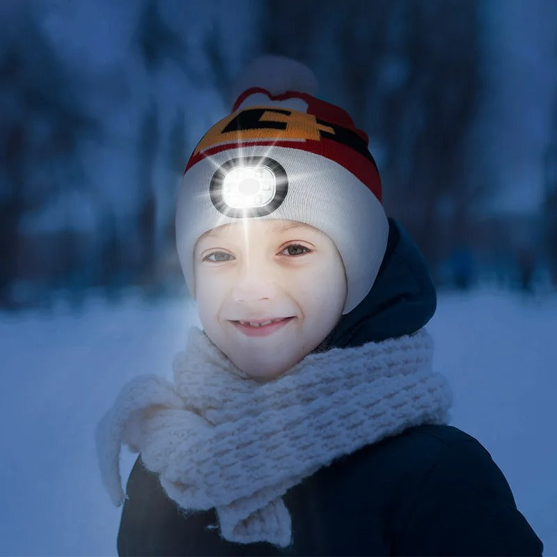 LED Flashlight Beanie Hats for Kids - Rechargeable Washable LED Head Lamp Hat - Winter Warm Caps with Hands-Free Lights for Outdoor Use - Delicate Leather