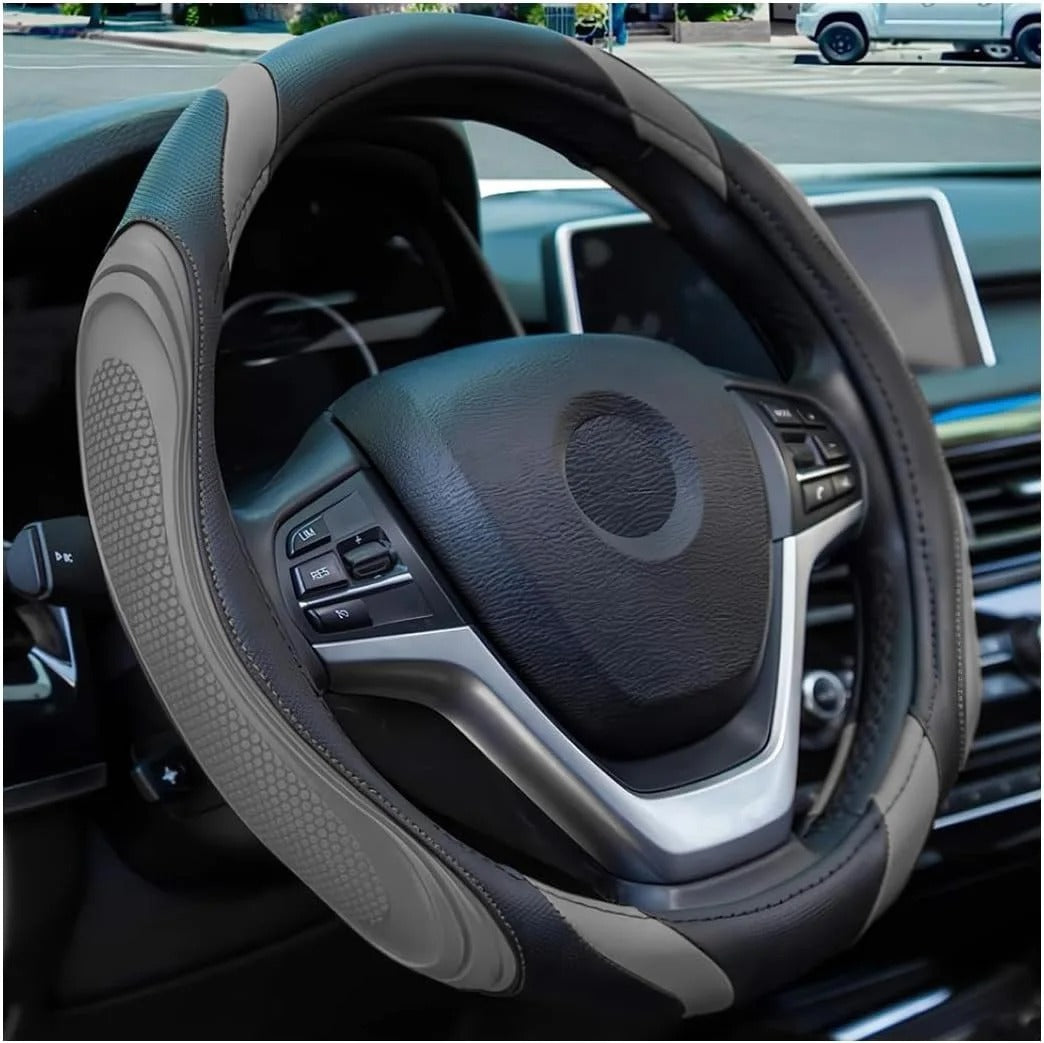 Spliced Leather Steering Wheel Cover – Concave-Convex Massage Design, Non-Slip Universal Fit 38 cm, All-Season Car Interior Accessory