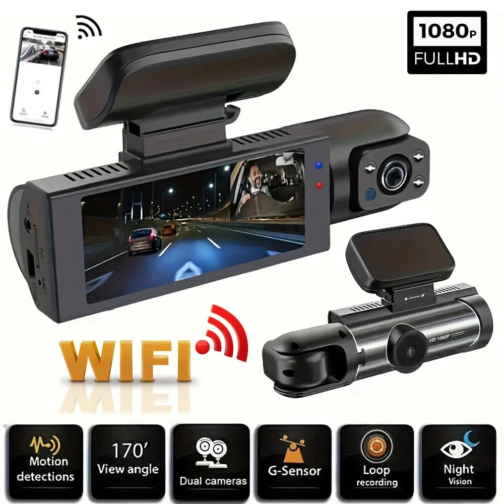 1080P WiFi Dual Camera Dash Cam, Front and Inside, with IR Night Vision and Loop Recording (Black)