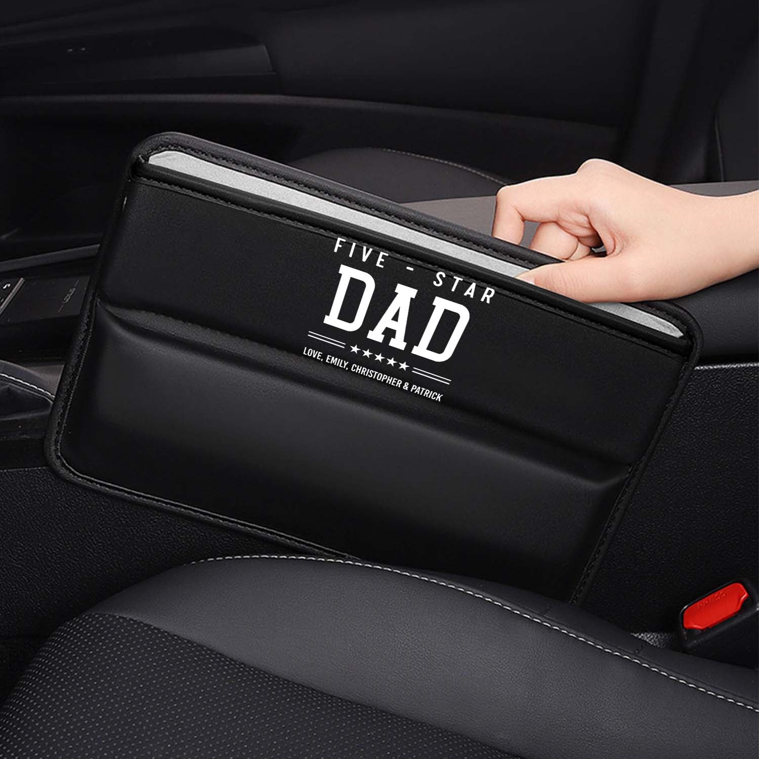 Personalized Car Seat Gap Filler Organizer, Happy Father's Day, Custom FIt For Your Cars, Multifunctional PU Leather Console Side Pocket Organizer for Cellphones, Cards, Wallets, Keys, Gift for Daddy - Delicate Leather