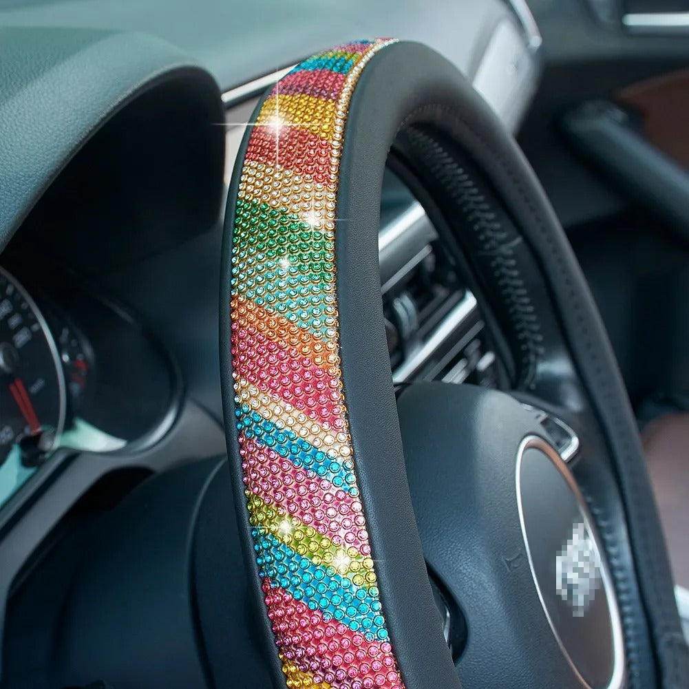 Luxury 3D Square Diamond Steering Wheel Cover – Ultra Bling Crystal PU Leather Fit for 37.5–38cm - Delicate Leather