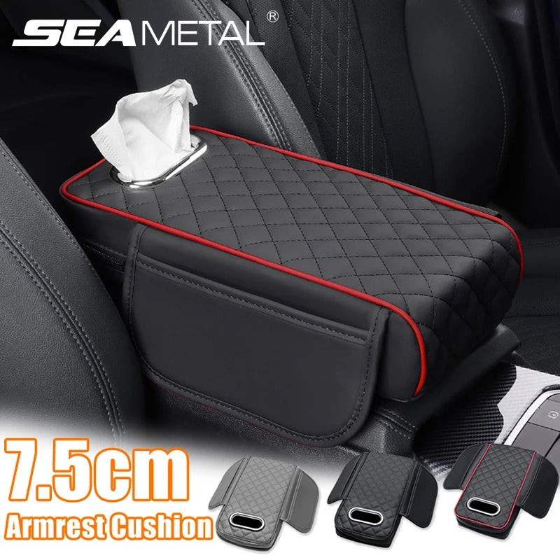 Thickened Memory Foam Car Armrest Cushion – PU Leather Center Console Cover with Tissue Holder & Storage Pocket - Delicate Leather