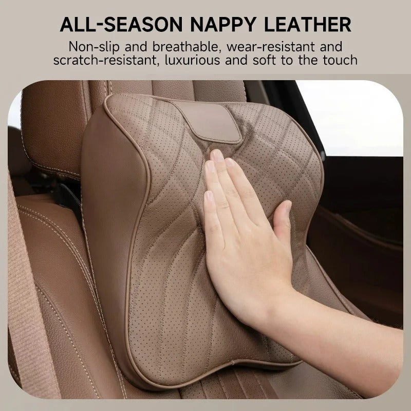 Universal Car Leather Headrest Neck Pillow – Memory Foam Car Seat Neck Support Cushion for Most Vehicles - Delicate Leather