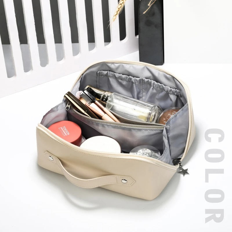 Luxury Lady Makeup Case Storage Pouch, Large Travel Cosmetic Bag for Women, Leather Makeup Organizer, Female Toiletry Kit Bags - Delicate Leather