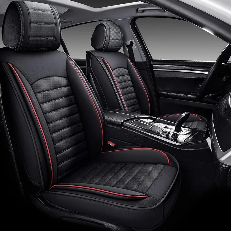 Waterproof Leather Car Seat Covers, Full Set Cushion Protectors for 5-Seat Vehicles (Black Red) - Delicate Leather