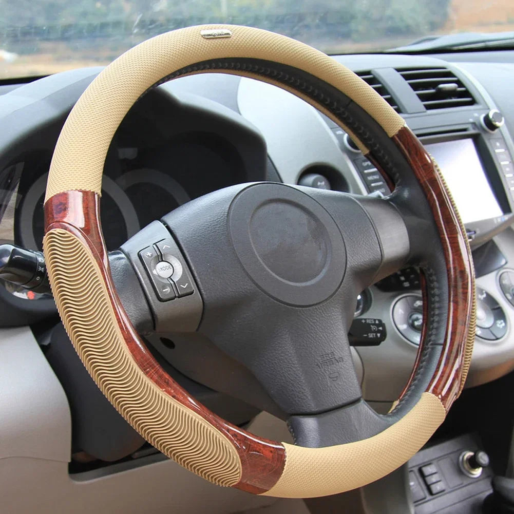 38 cm Breathable Imitation Peach Wood Car Steering Wheel Cover – Anti-Slip Rubber Auto Steering Cover Beige | Universal Fit 37-38 cm - Delicate Leather