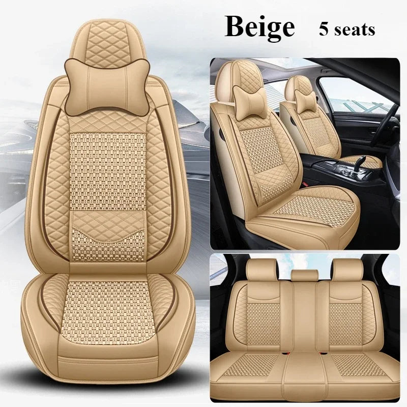 Premium PU Leather & Ice Silk Car Seat Covers with Lumbar Support – Breathable, Wear-Resistant Full Wrap Set (Includes Headrest) - Delicate Leather