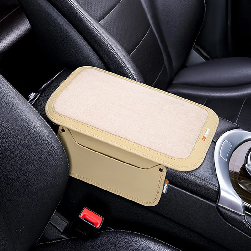 Leather Suede Car Armrest Cushion Cover – Soft Center Console Armrest Pad with Storage Pocket - Delicate Leather
