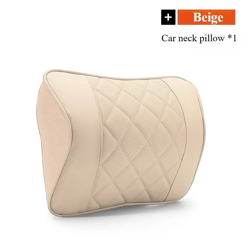 Comfort Nappa Leather Car Headrest & Lumbar Support Set – Soft Memory Foam Neck Pillow & Waist Cushion for Car Seats and Office Chairs - Delicate Leather