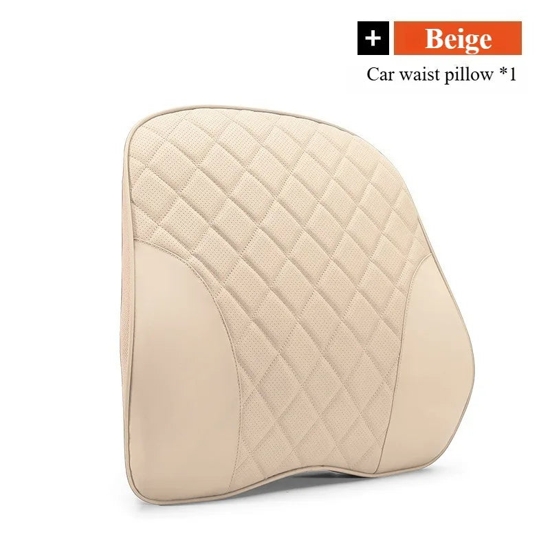 Comfort Nappa Leather Car Headrest & Lumbar Support Set – Soft Memory Foam Neck Pillow & Waist Cushion for Car Seats and Office Chairs - Delicate Leather