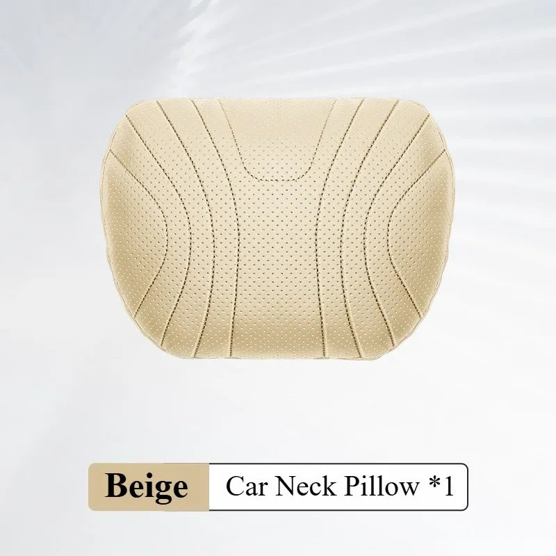Soft Nappa Leather Car Neck & Lumbar Pillow Set – Ergonomic Headrest and Waist Support - Delicate Leather
