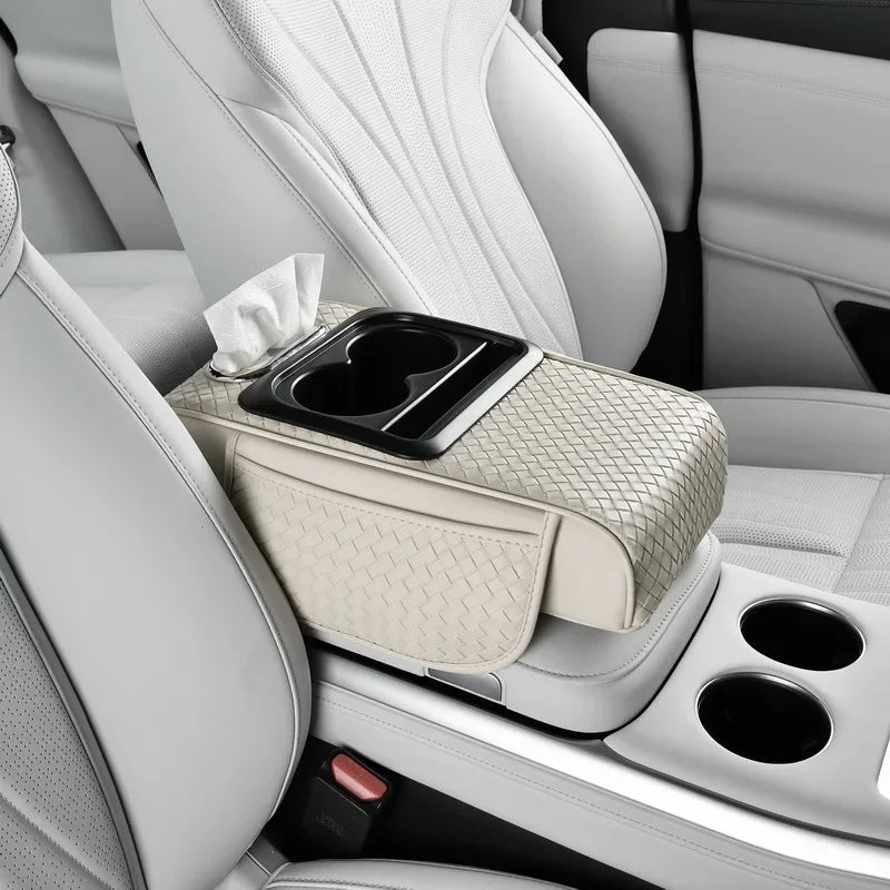 Car Armrest Cushion with Tissue Box & Cup Holder – Center Console Organizer Pad - Delicate Leather